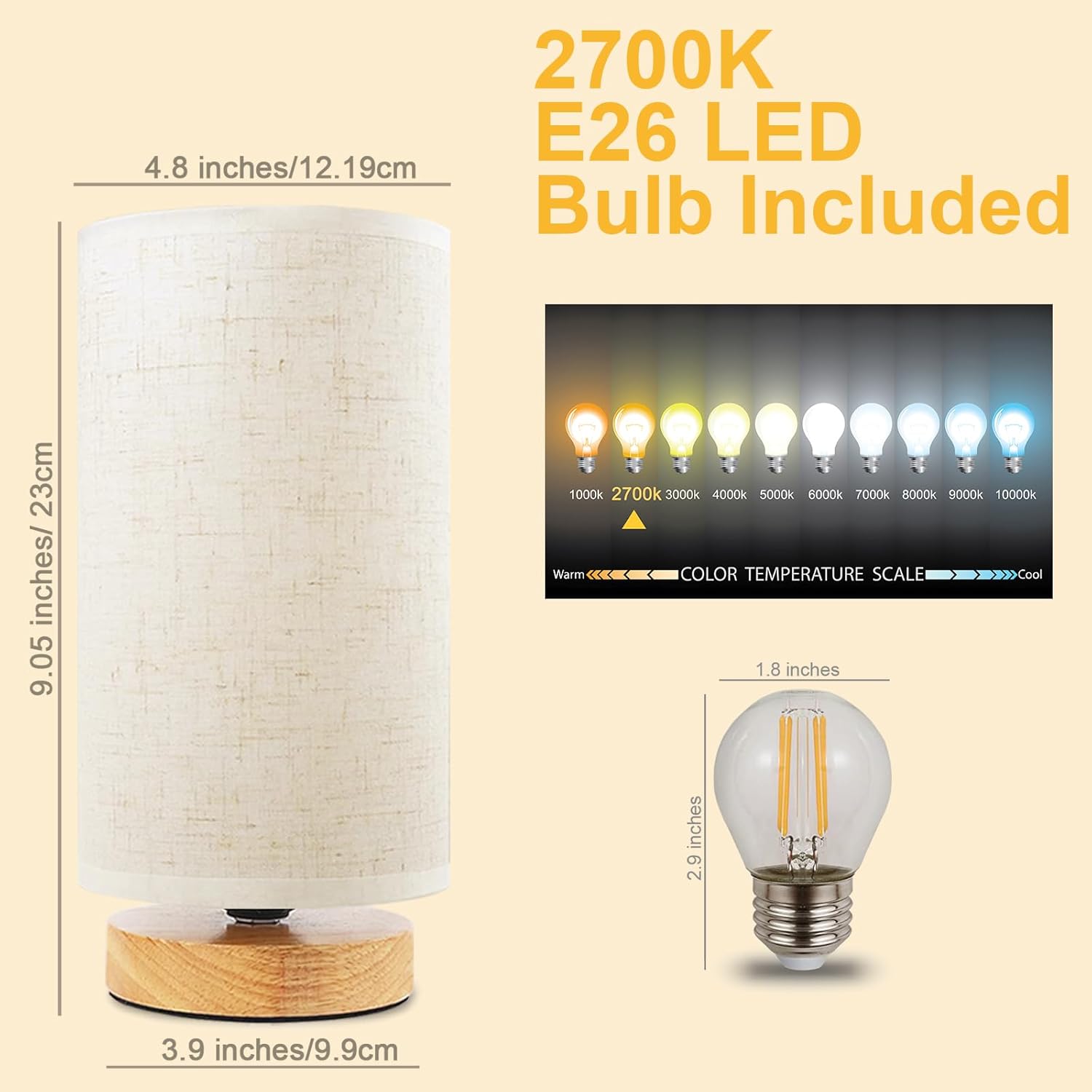 Small Bedside Table Lamp for Bedroom, Minimalist Wood Base & Round Fabric Shade, Mini Cute Cozy Warm White Nightstand Boho Lamp, Study Desk Night Stand Light for Room, Dorm, Nursery, Living Room