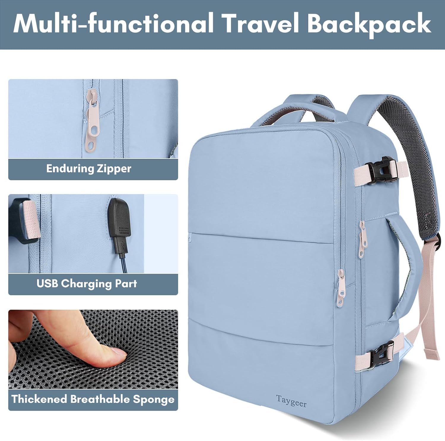 Taygeer Travel Backpack for Women, Carry On Backpack with USB Charging Port & Shoe Pouch, TSA 15.6inch Laptop Mochila Flight Approved, Nurse Bag Casual Daypack for Weekender Business Hiking, Pink