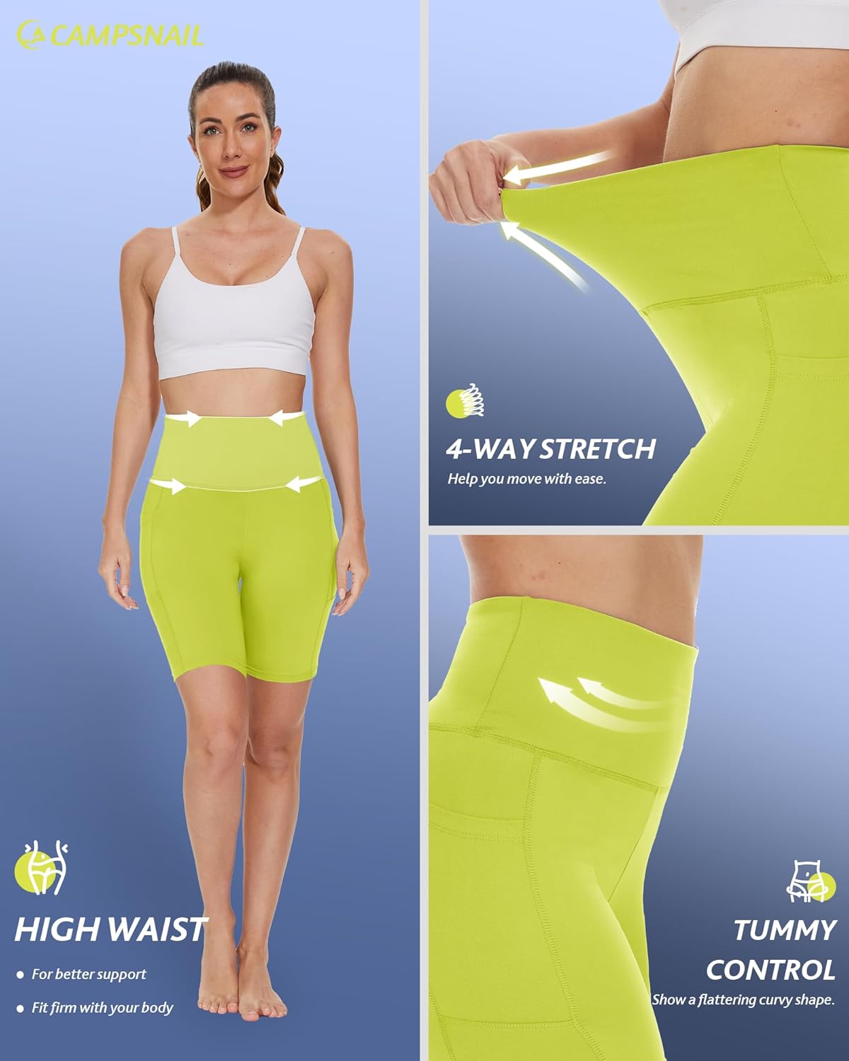 CAMPSNAIL Biker Shorts Women with Pockets - 3"/5"/8" High Waisted Workout Spandex Tummy Control Gym Running Yoga Shorts