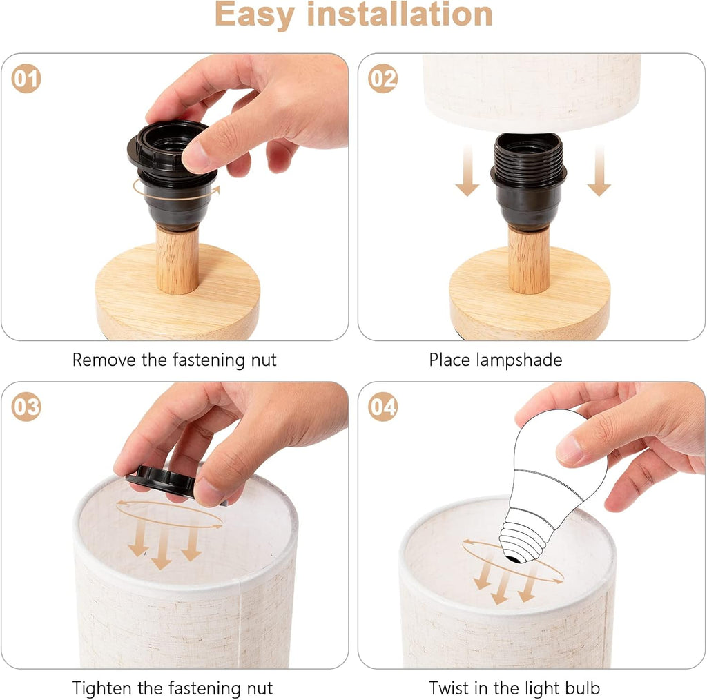 Small Bedside Table Lamp for Bedroom, Minimalist Wood Base & Round Fabric Shade, Mini Cute Cozy Warm White Nightstand Boho Lamp, Study Desk Night Stand Light for Room, Dorm, Nursery, Living Room