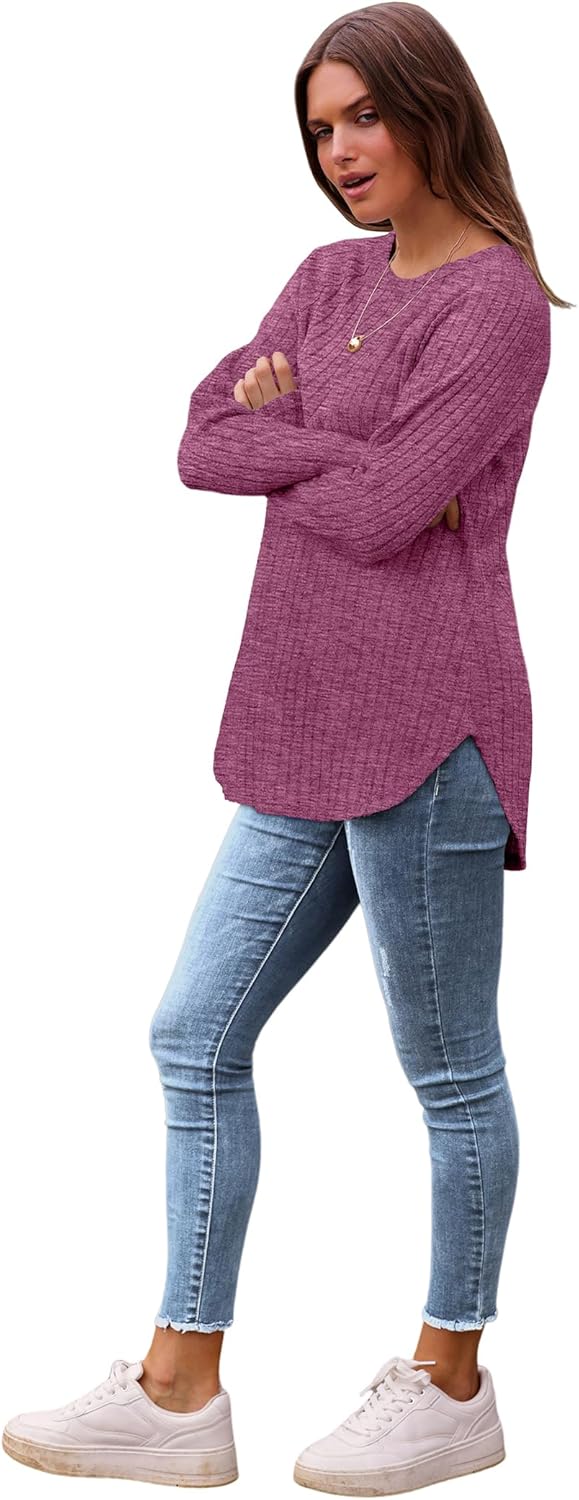Saloogoe Long Sleeve Shirts for Women 2025 Fall Clothes Tunic Tops Loose Fit Dressy Crewneck Pullover Sweaters Curved Hem