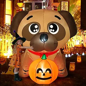 COMIN 5 FT Halloween Inflatables Dog Outdoor Yard Decorations Blow Up Pug Holding Pumpkin with Built-in LEDs for Indoor Party Garden Lawn Decor
