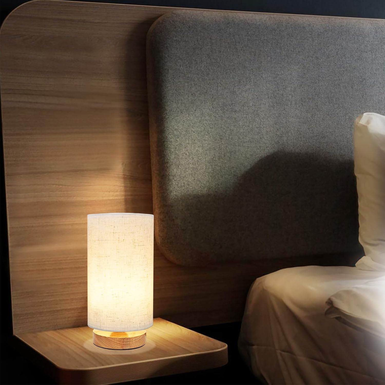 Small Bedside Table Lamp for Bedroom, Minimalist Wood Base & Round Fabric Shade, Mini Cute Cozy Warm White Nightstand Boho Lamp, Study Desk Night Stand Light for Room, Dorm, Nursery, Living Room