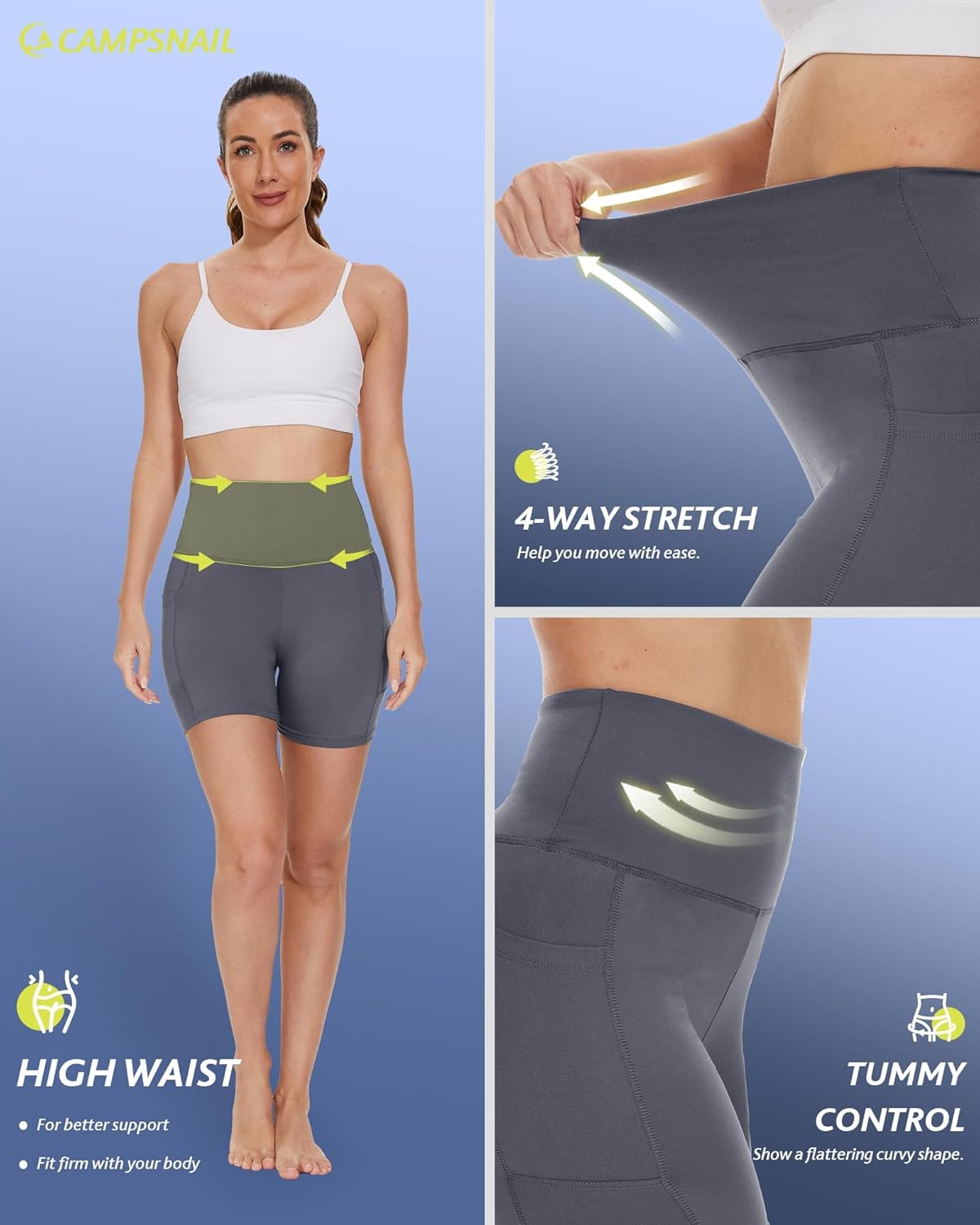 CAMPSNAIL Biker Shorts Women with Pockets - 3"/5"/8" High Waisted Workout Spandex Tummy Control Gym Running Yoga Shorts