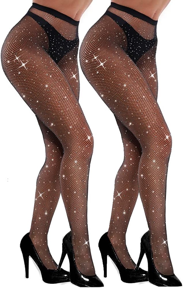 VEBZIN Sexy Sparkly Fishnets Stockings Jeweled High Waist Fishnet Tights for Women Rhinestone Party Pantyhose