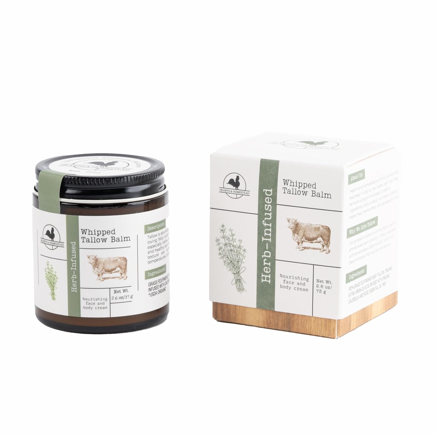 Hearth and Homestead: Handmade Whipped Tallow Balm (Unscented/Herb-Infused) - Organic Body Butter with Infused Olive Oil, for Eczema, Rosacea, Baby - 1.3 oz