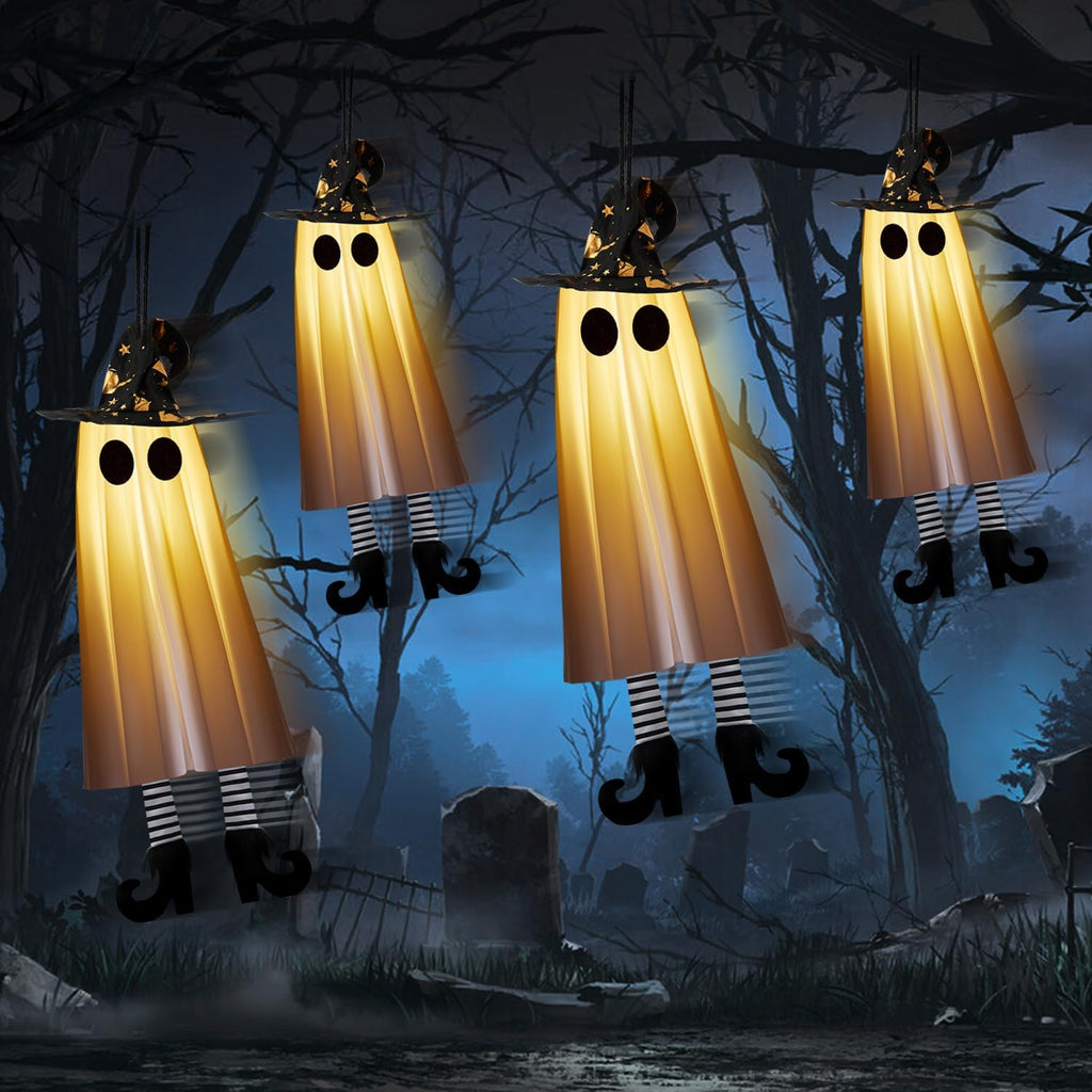Halloween Decorations Outdoor Indoor, 4pcs Hanging Ghost Decor with Light, Spooky Swinging Witch Hat Ghosts for Halloween Decor, Perfect for Yard, Patio, Garden, Tree (Includes 24 Batteries)