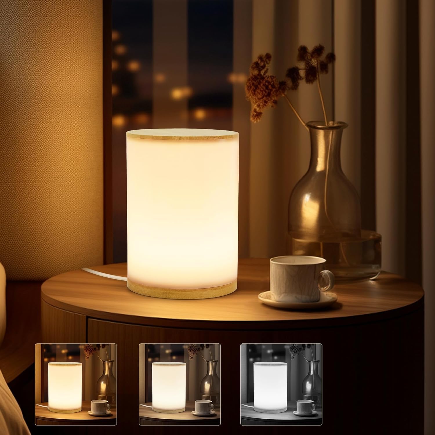 Small Bedside Table Lamp for Bedroom, Minimalist Wood Base & Round Fabric Shade, Mini Cute Cozy Warm White Nightstand Boho Lamp, Study Desk Night Stand Light for Room, Dorm, Nursery, Living Room