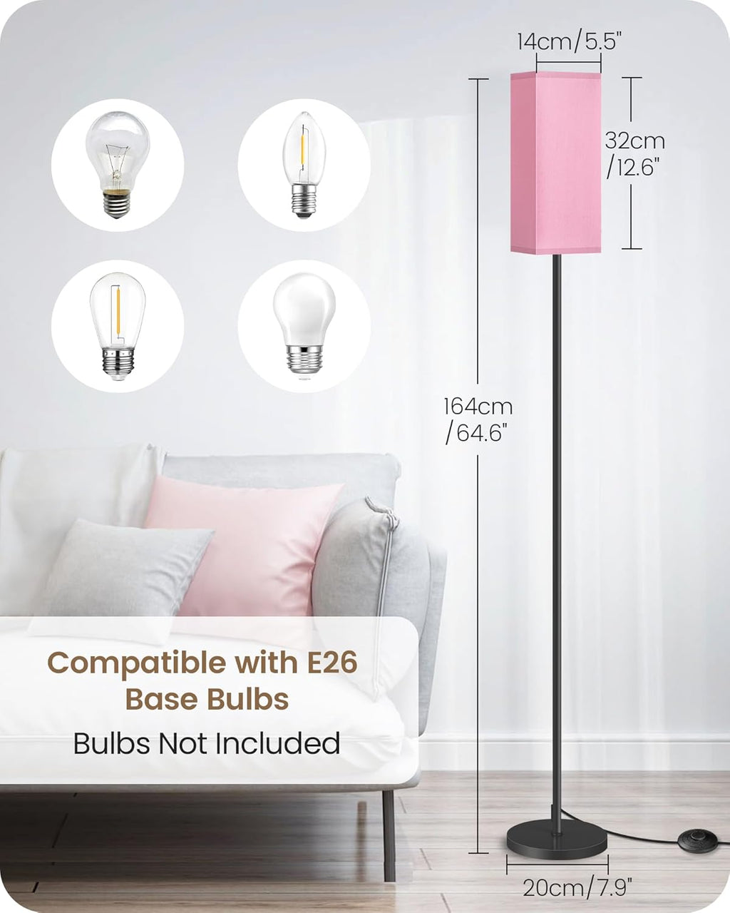 64.6" Floor Lamp, Pole with Foot Switch, Modern Standing Lamp Lampshade, Minimalist Freestanding Lamp (Bulb Not Included), for Living Room, Bedroom Office ETL Listed, Black and Beige E07LD05