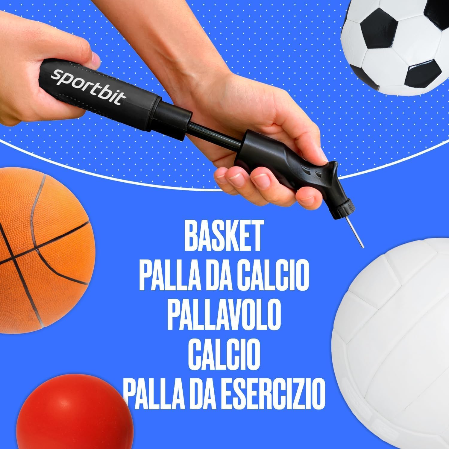 SPORTBIT Ball Pump for Sports Balls - Push & Pull Inflating System - Hand Pump for All Exercise Balls - Volleyball Pump, Basketball Inflator, Football & Soccer Ball Air Pump - Goes with 5 Needles Set