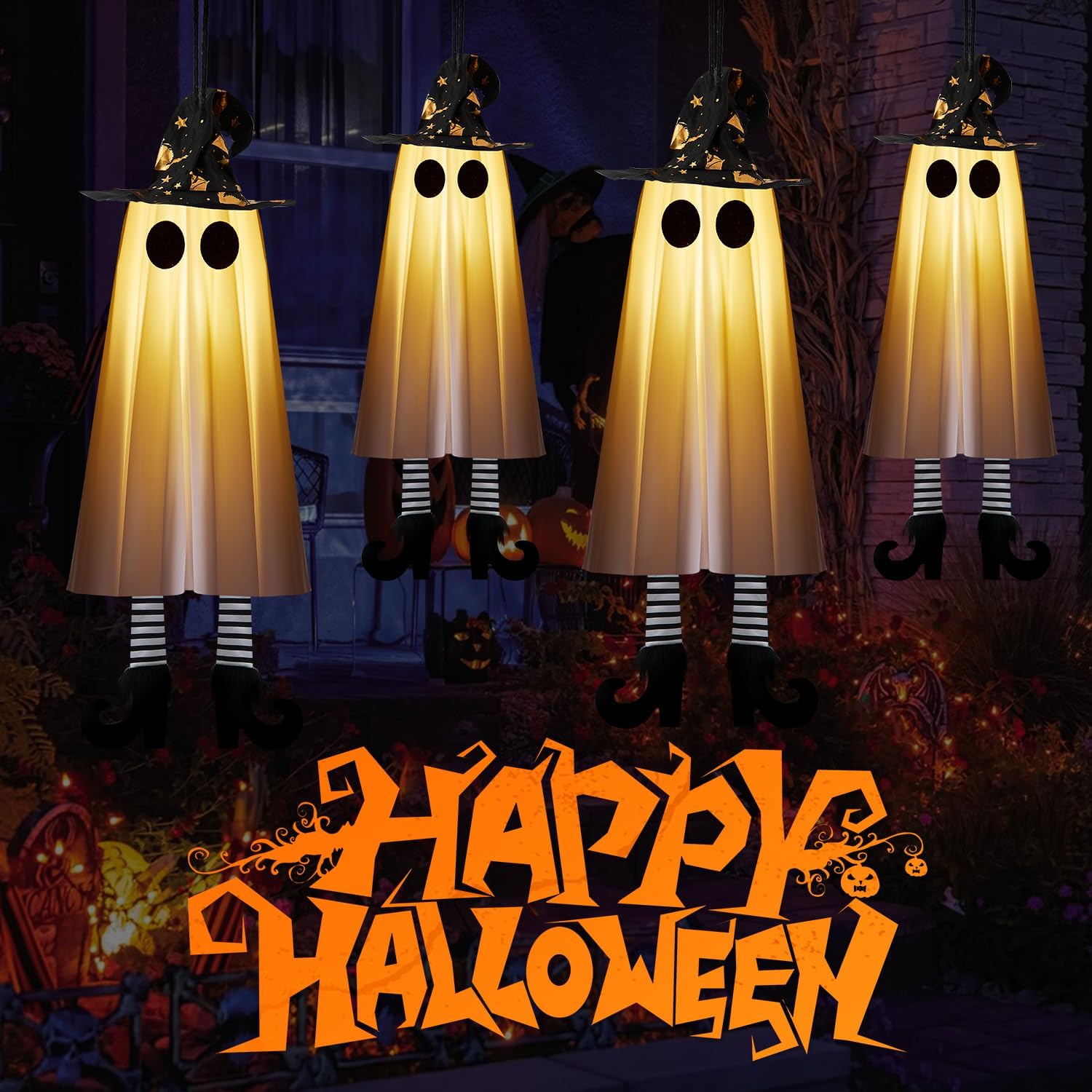 Halloween Decorations Outdoor Indoor, 4pcs Hanging Ghost Decor with Light, Spooky Swinging Witch Hat Ghosts for Halloween Decor, Perfect for Yard, Patio, Garden, Tree (Includes 24 Batteries)