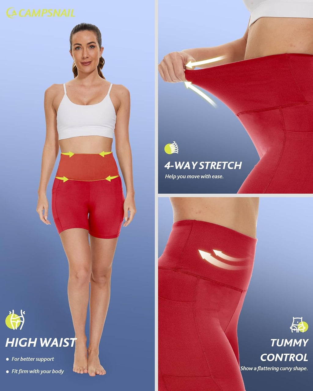 CAMPSNAIL Biker Shorts Women with Pockets - 3"/5"/8" High Waisted Workout Spandex Tummy Control Gym Running Yoga Shorts