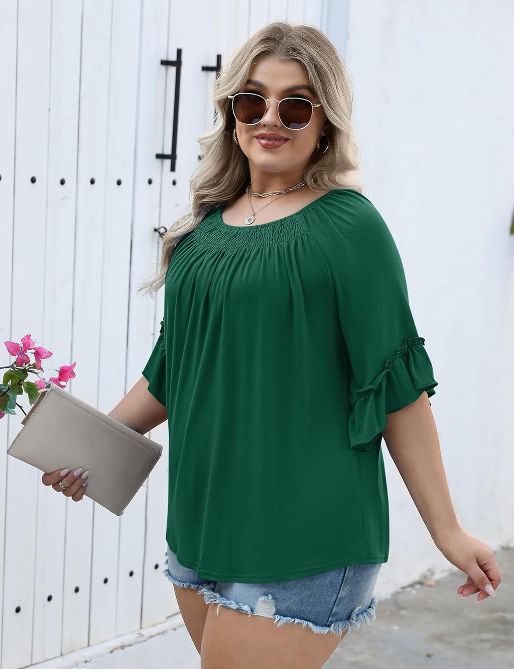 Micoson Womens Plus Size Tops 3/4 Ruffle Sleeve Shirts Crewneck Pleated Blouses Dressy Casual Fashion Tunic Top (1X-5X)