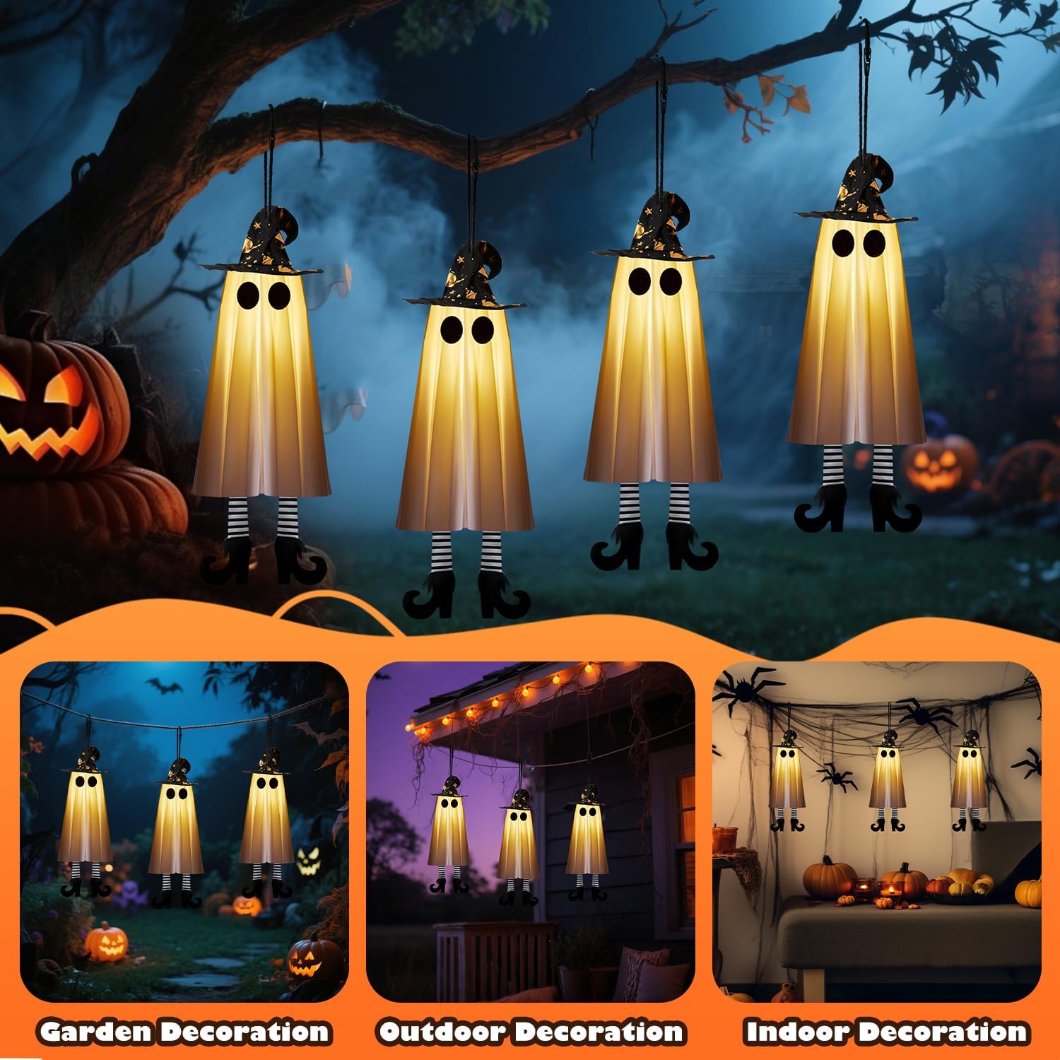 Halloween Decorations Outdoor Indoor, 4pcs Hanging Ghost Decor with Light, Spooky Swinging Witch Hat Ghosts for Halloween Decor, Perfect for Yard, Patio, Garden, Tree (Includes 24 Batteries)