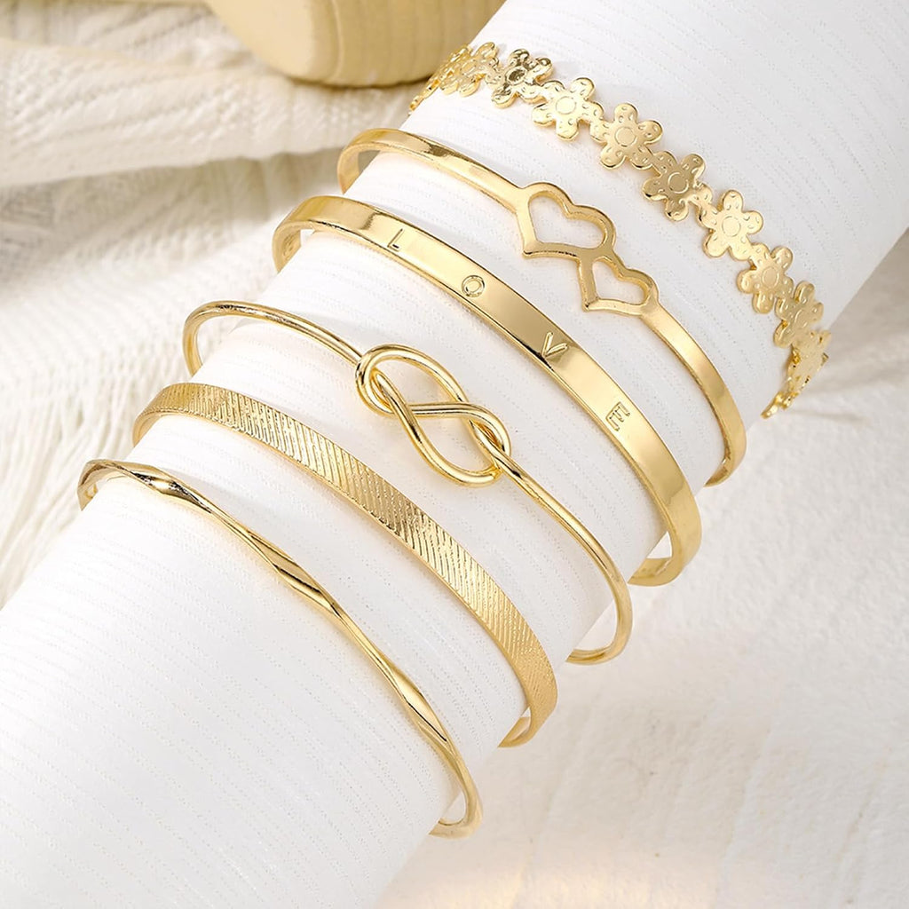 IFKM Gold Bangle Bracelets For Women, 14k Gold Plated Multi Layer Stackable Cuff Bracelet Set, Trendy Elegance Charms Non Tarnish Minimalist Textured Boho Jewelry Gift for Women