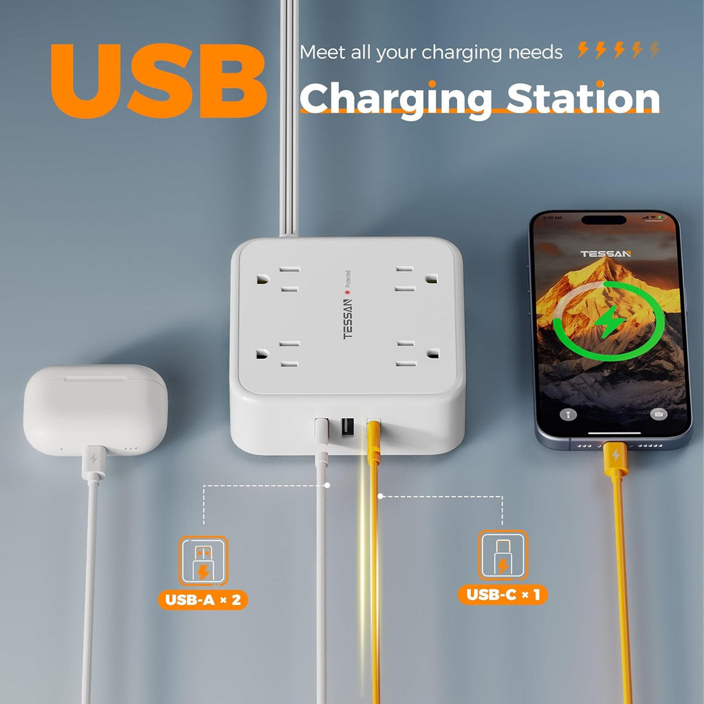 TESSAN Surge Protector Power Strip, 5 Ft Flat Plug Extension Cord with 3 USB (1 USB C) 8 Outlets, 900J Surge Protection, 3 Sided Outlet Extender with Power Switch for Office, Dorm Room Essentials