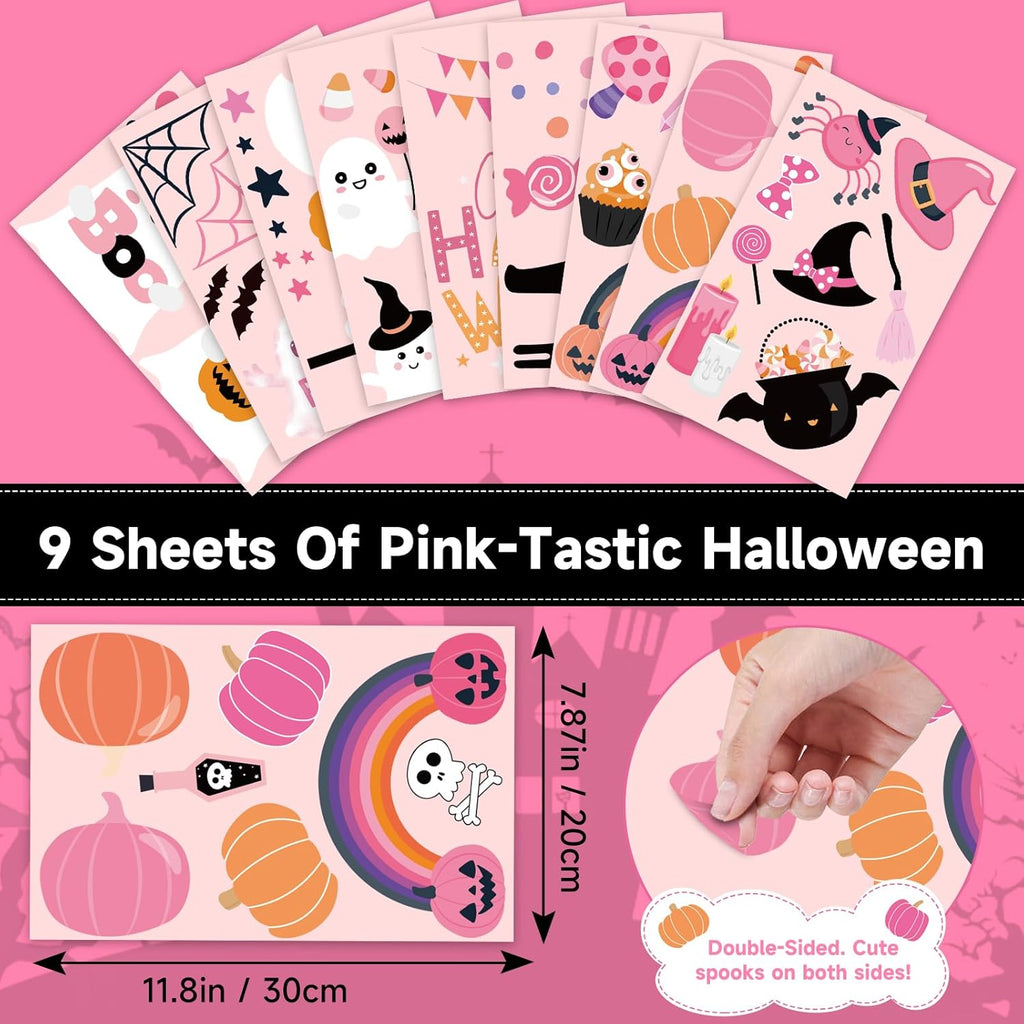 Pink Halloween Window Clings Decor, Cute Window Stickers Decoration, Ghost Bat Pumpkin Decals for Home Classroom Kids Rooms, 9 Sheets