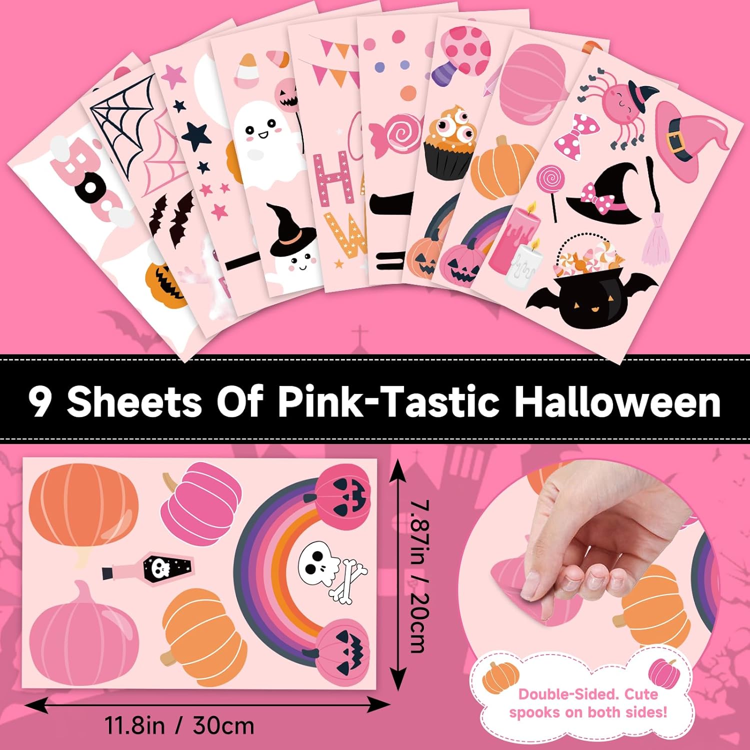 Pink Halloween Window Clings Decor, Cute Window Stickers Decoration, Ghost Bat Pumpkin Decals for Home Classroom Kids Rooms, 9 Sheets