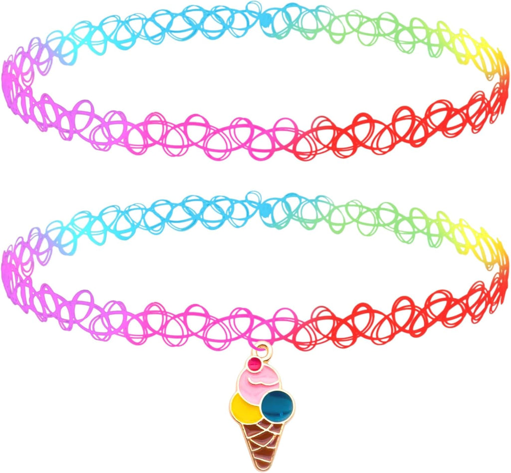 BodyJ4You 2PC Tattoo Choker Necklace - 90s Choker Necklace Women - 2000s Y2K Black Chokers Rainbow Choker - Butterfly Ying Yang Unicorn Rainbow Charms - Stretchy Elastic Necklace