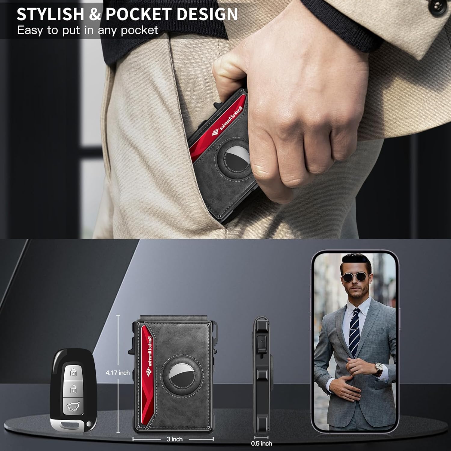 Airtag Wallet for Men, Mens Smart Wallet for Air Tag RFID Blocking, Minimalist Bifold Pop Up Aluminum Credit Card Case Holder 12+ Cards with ID Window, Gift for Men, No Airtag Included, Carbon Fiber