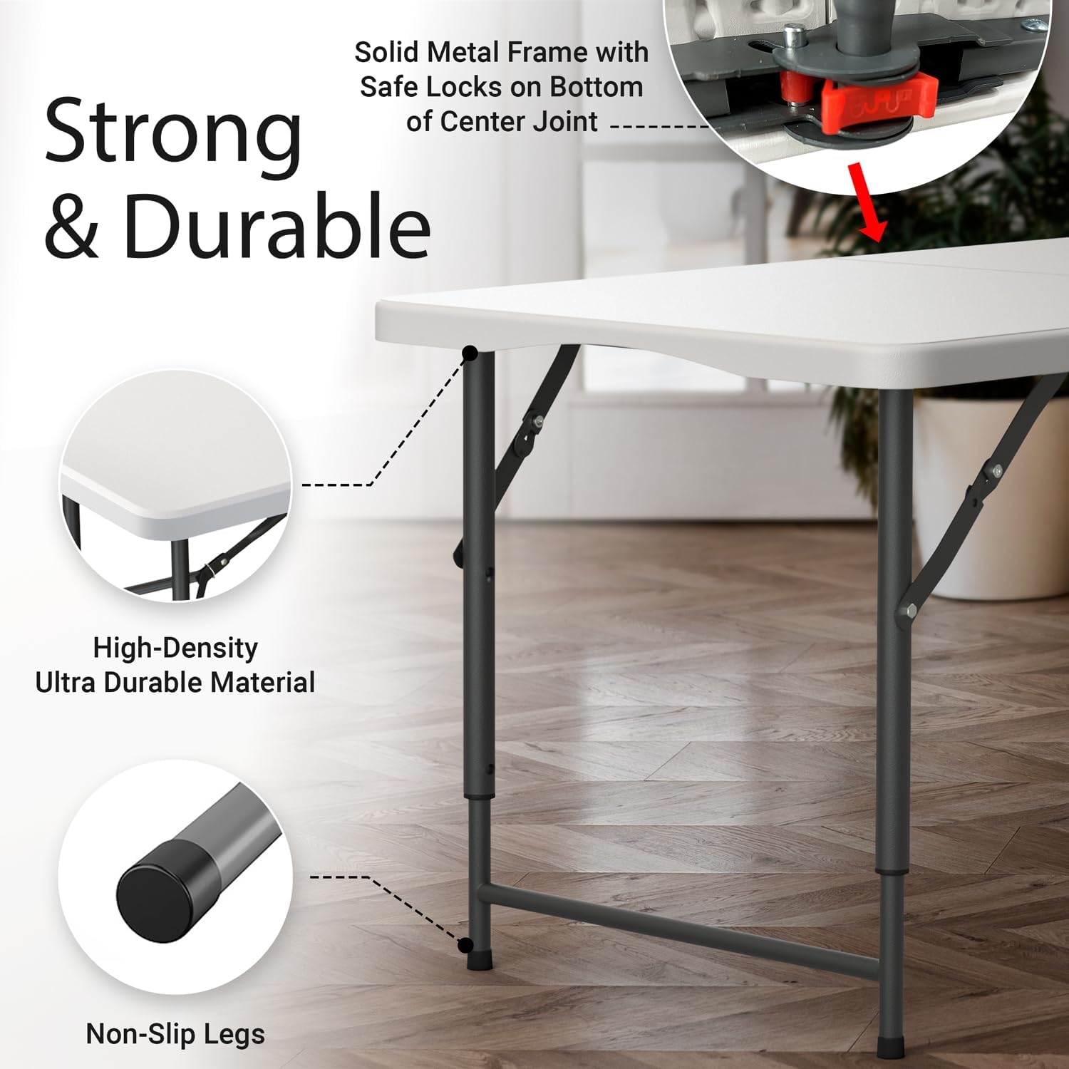 6 Feet Foldable Table with Built in Handle & Steel Legs | Heavy Duty Portable | Perfect for Party, Dining, Wedding, Events, Picnic Indoor, Outdoor, Camping, Utility, Folding