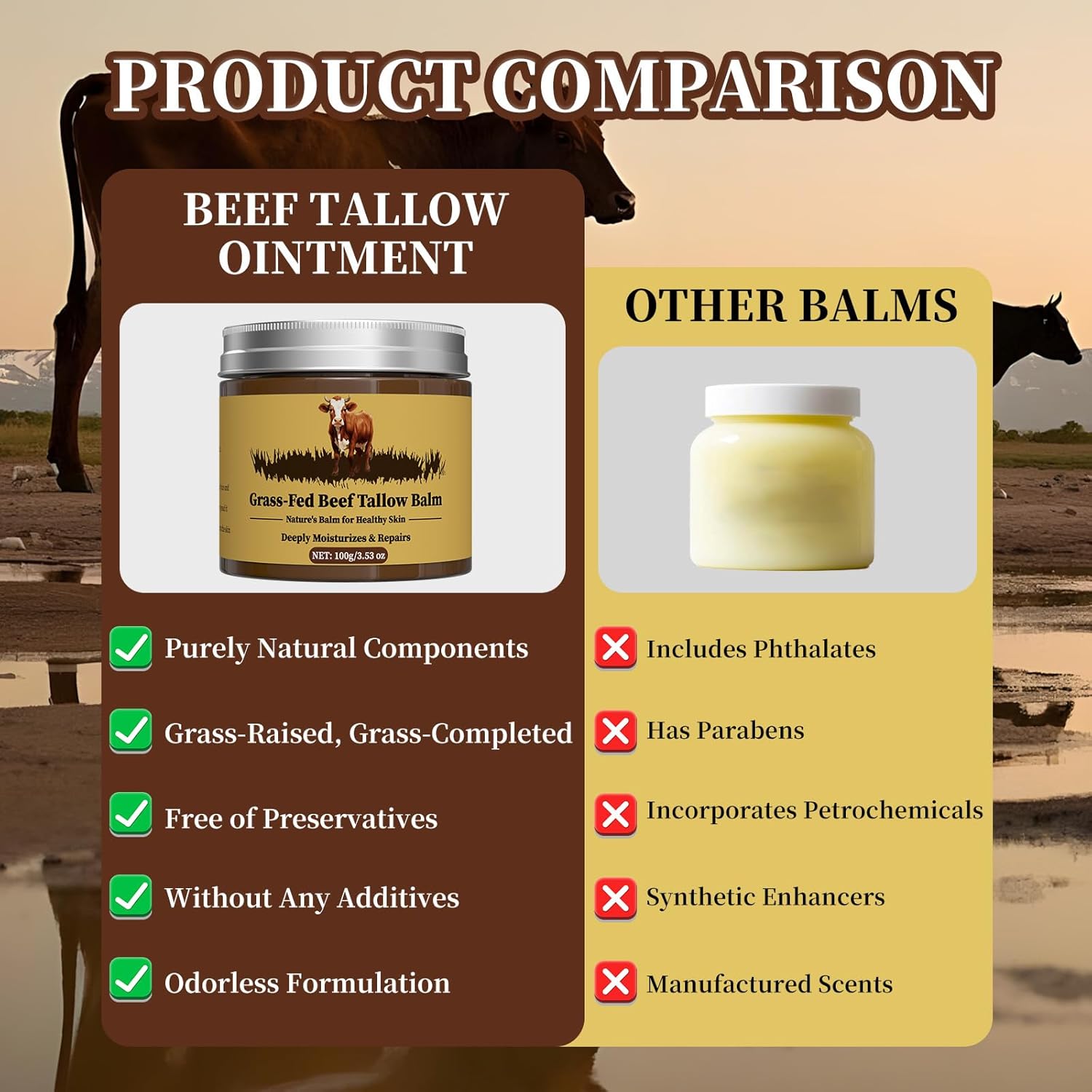 Beef Tallow for Skin, Tallow and Honey Balm, Facial Moisturizer Cream, 100% Organic Grass Fed Whipped Beef Tallow Balm Deeply Moisturizing for Face & Body, Suitable For All Skin Types(3.53oz)