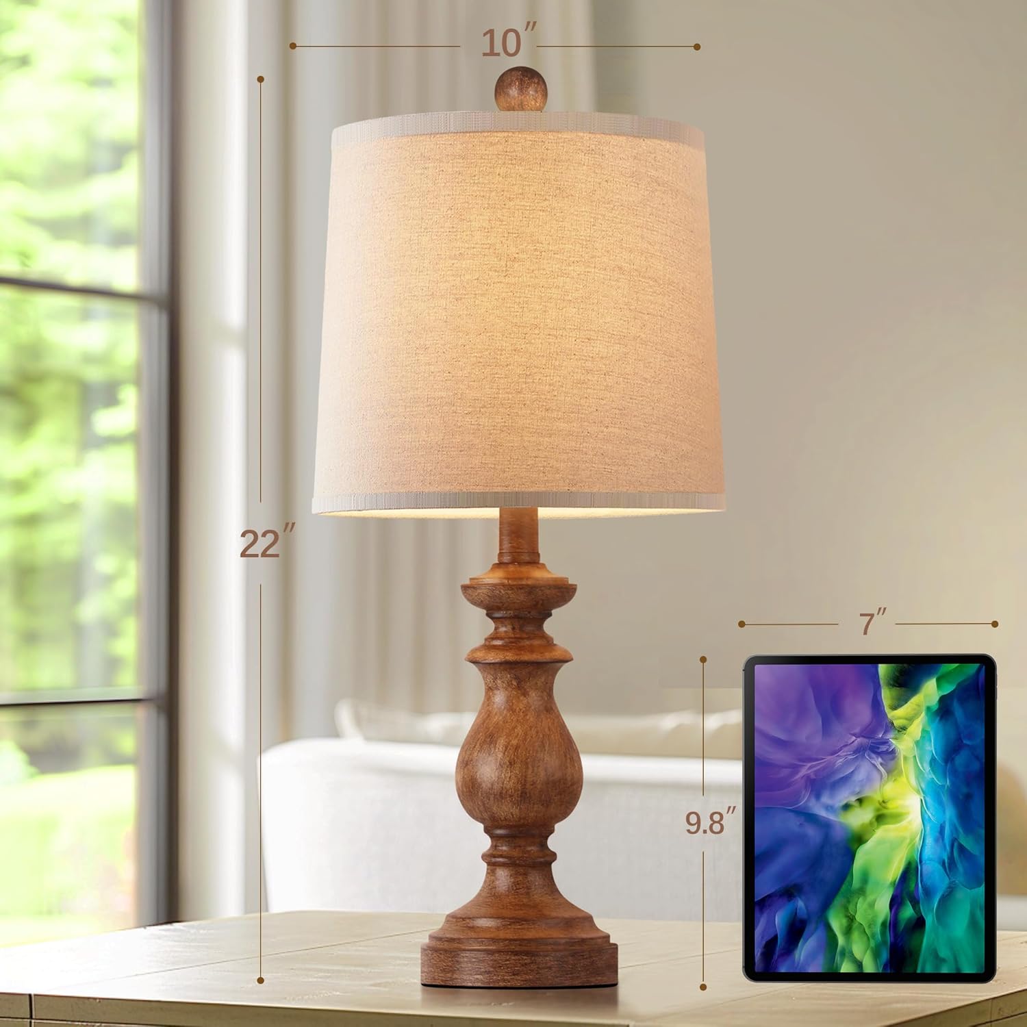 PARTPHONER Traditional Table Lamp Set of 2, Rustic Farmhouse Table Lamps for Living Room Bedroom, 22" Bedside Desk Lamps Vintage Nightstand Lamps with Linen Shades, Antique Grey