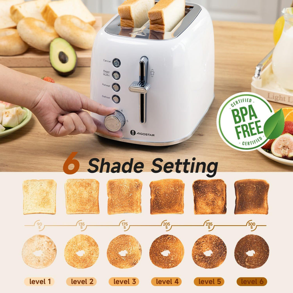 Aigostar Toaster 2 Slice, Retro Extra-Wide Slot Toasters Best Rated Prime for Toasting Bagels, Breads, Waffles & More, Cancel, Defrost & 6 Browning, Removable Crumb Tray, Stainless Steel, Cream White