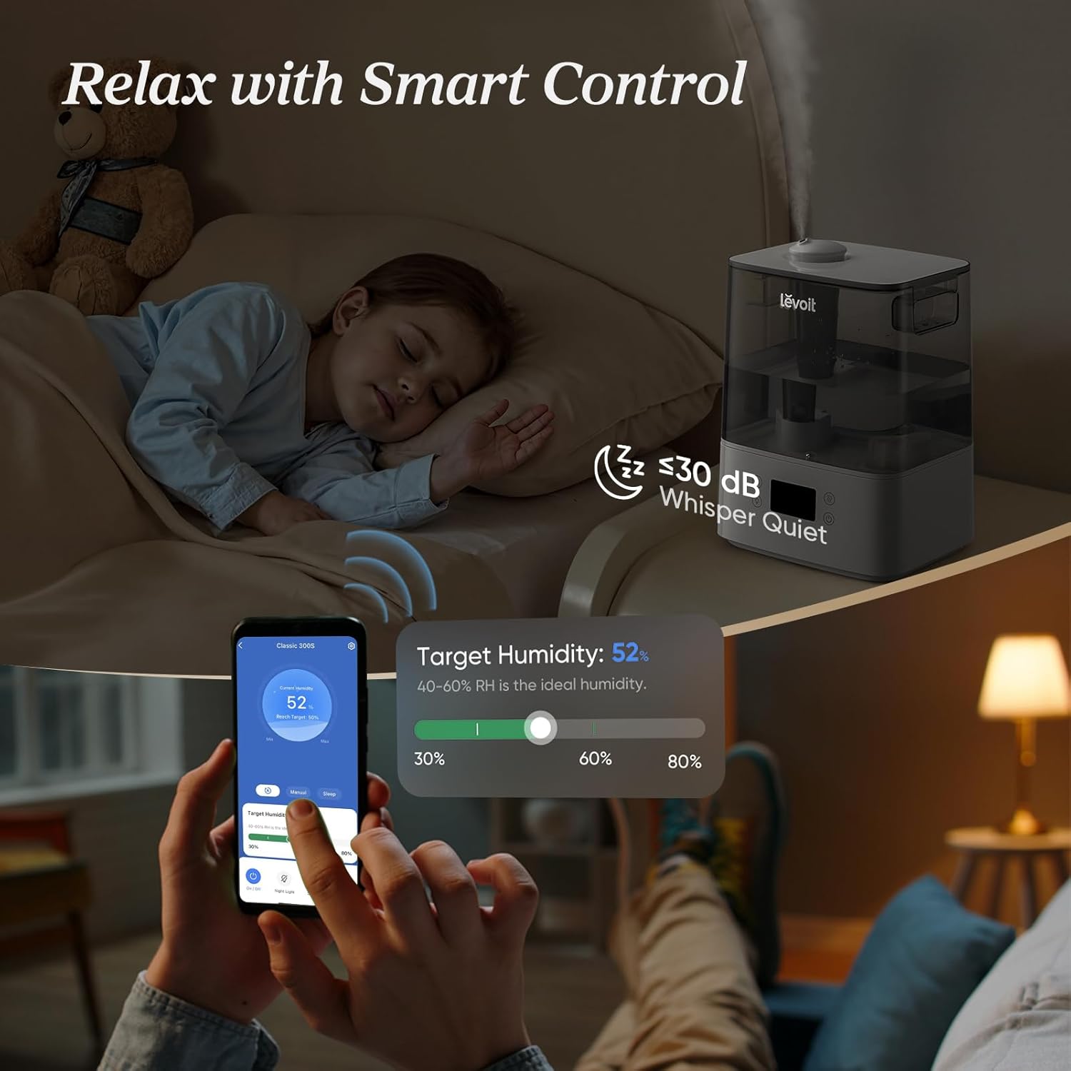 LEVOIT Smart Humidifiers for Bedroom Large Room Home,(6L) Cool Mist Top Fill Essential Oil Diffuser for Baby & Plants,Smart App & Voice Control, Rapid Humidification & Auto Mode-Quiet Sleep Mode, Gray