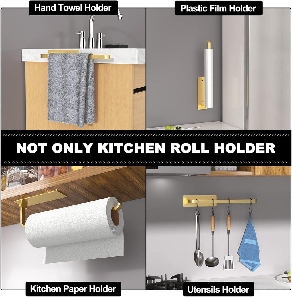 Paper Towel Holder - Self-Adhesive or Drilling, Matte Black, Upgraded Aluminum Kitchen Roll Dispenser Under Cabinet, Lighter but Stronger Than Stainless Steel!