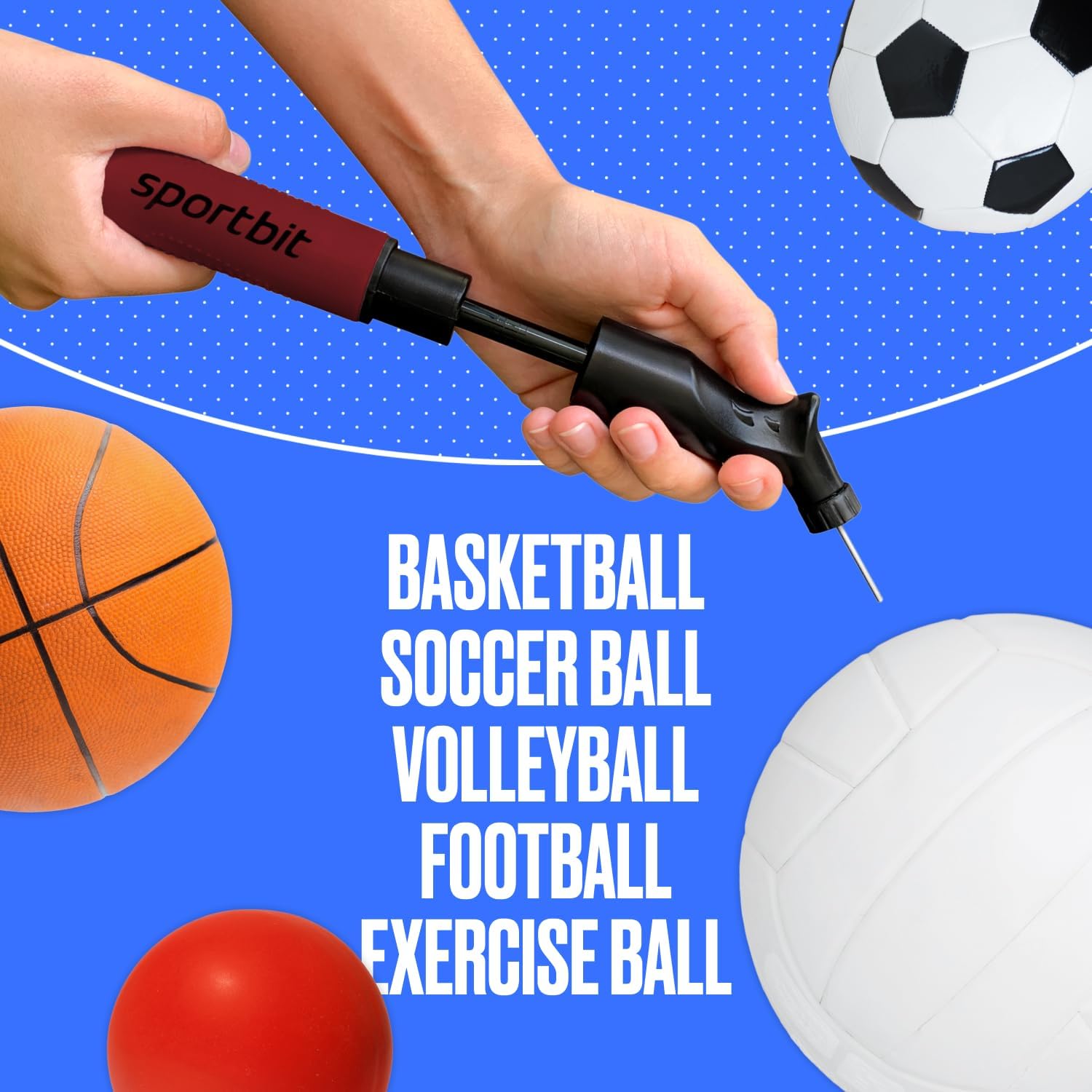 SPORTBIT Ball Pump for Sports Balls - Push & Pull Inflating System - Hand Pump for All Exercise Balls - Volleyball Pump, Basketball Inflator, Football & Soccer Ball Air Pump - Goes with 5 Needles Set