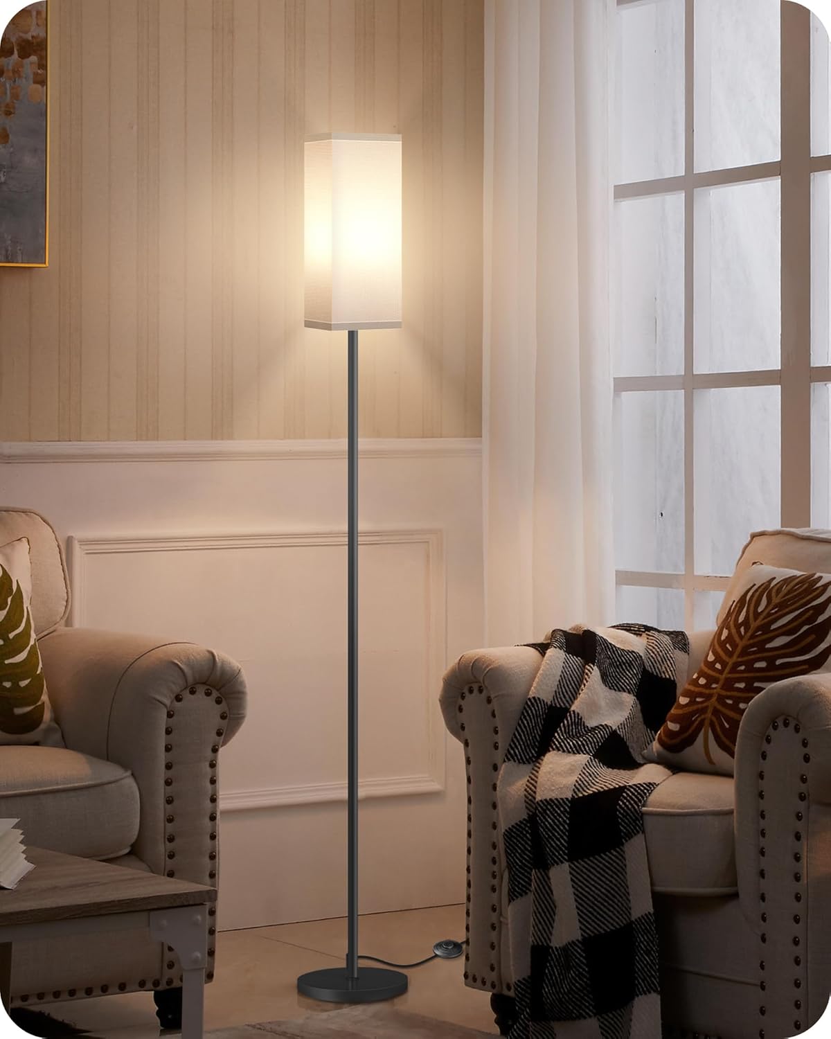 64.6" Floor Lamp, Pole with Foot Switch, Modern Standing Lamp Lampshade, Minimalist Freestanding Lamp (Bulb Not Included), for Living Room, Bedroom Office ETL Listed, Black and Beige E07LD05