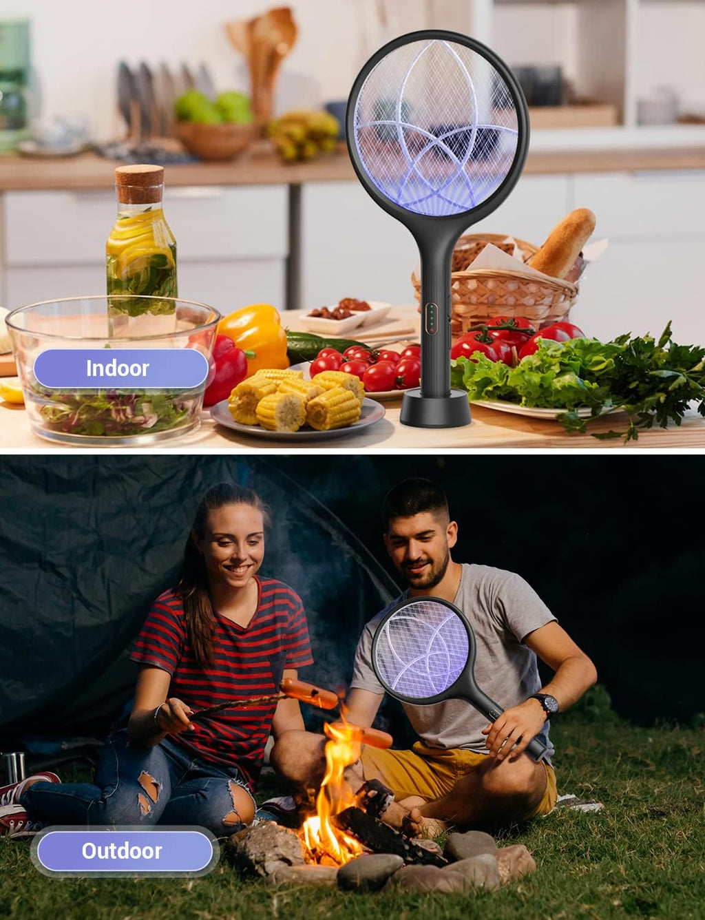 YISSVIC Electric Fly Swatter 4000V Bug Zapper Racket Dual Modes Mosquito Killer with Purple Mosquito Light Rechargeable for Indoor Home Office Backyard Patio Camping