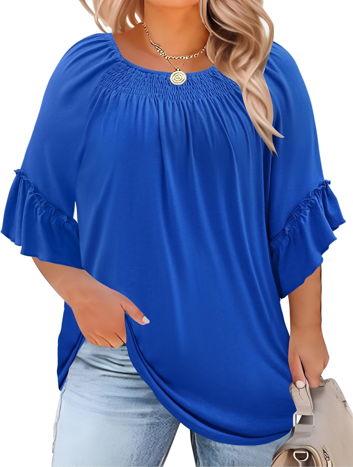 Micoson Womens Plus Size Tops 3/4 Ruffle Sleeve Shirts Crewneck Pleated Blouses Dressy Casual Fashion Tunic Top (1X-5X)