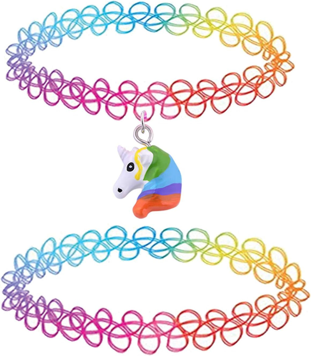 BodyJ4You 2PC Tattoo Choker Necklace - 90s Choker Necklace Women - 2000s Y2K Black Chokers Rainbow Choker - Butterfly Ying Yang Unicorn Rainbow Charms - Stretchy Elastic Necklace