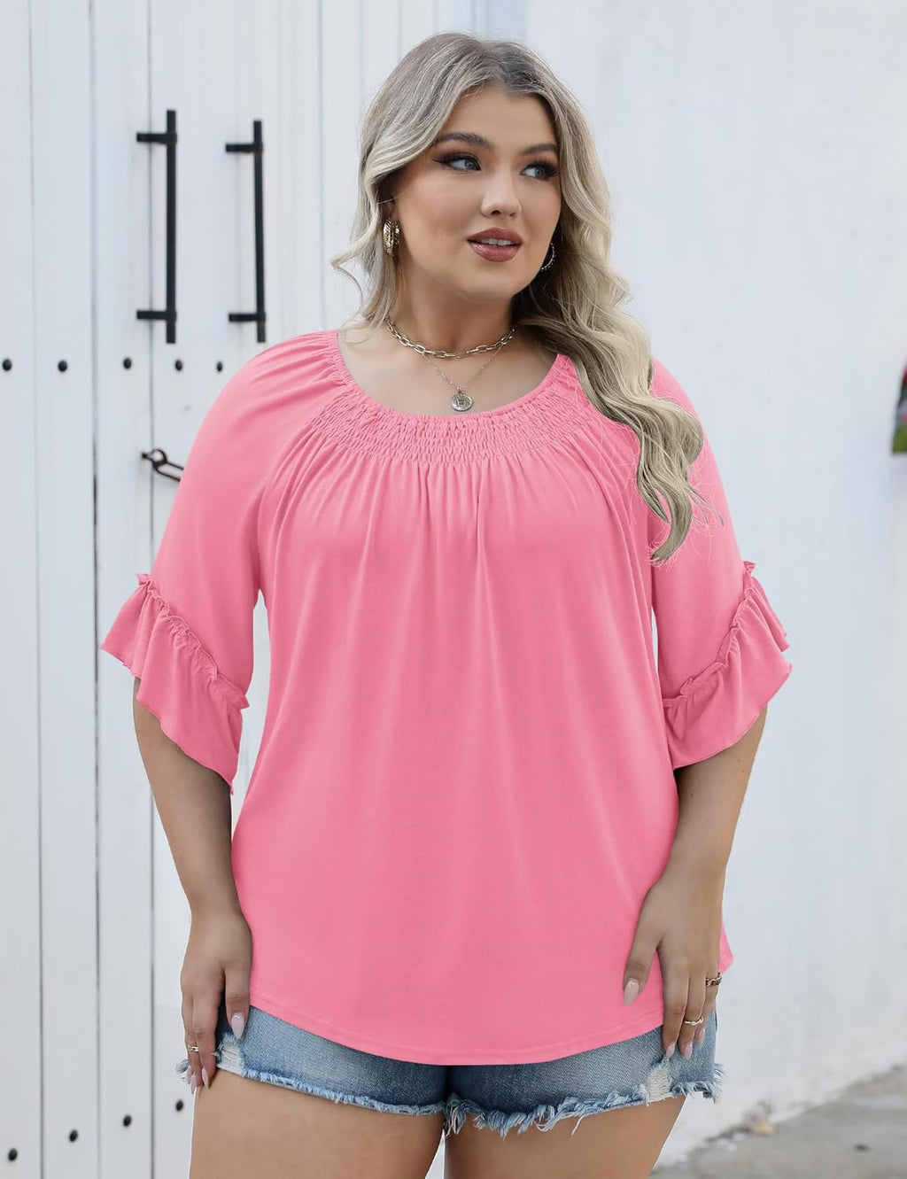 Micoson Womens Plus Size Tops 3/4 Ruffle Sleeve Shirts Crewneck Pleated Blouses Dressy Casual Fashion Tunic Top (1X-5X)