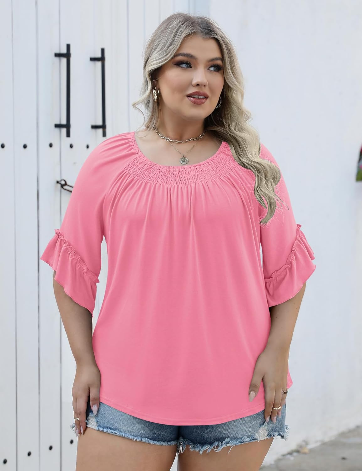 Micoson Womens Plus Size Tops 3/4 Ruffle Sleeve Shirts Crewneck Pleated Blouses Dressy Casual Fashion Tunic Top (1X-5X)
