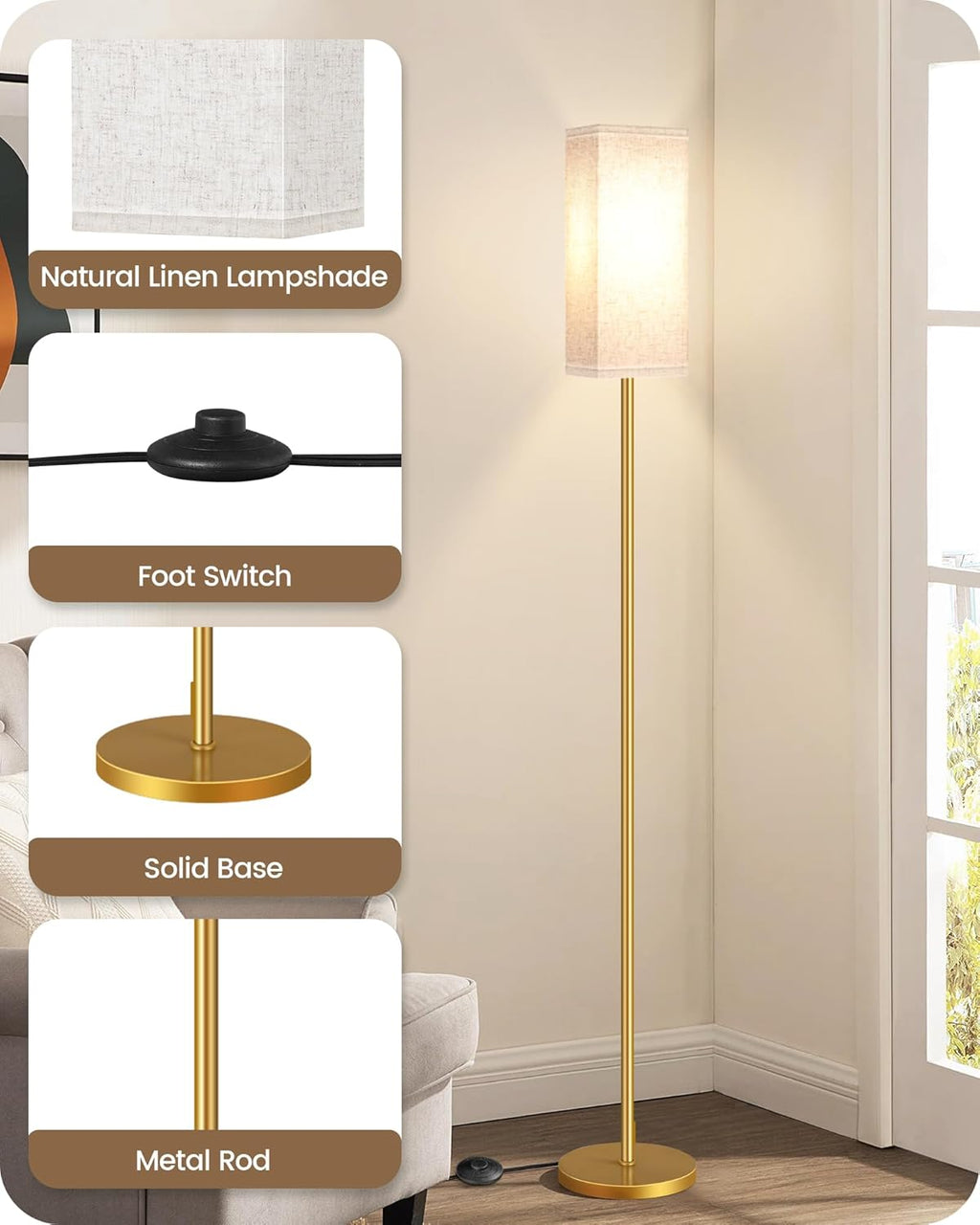 64.6" Floor Lamp, Pole with Foot Switch, Modern Standing Lamp Lampshade, Minimalist Freestanding Lamp (Bulb Not Included), for Living Room, Bedroom Office ETL Listed, Black and Beige E07LD05