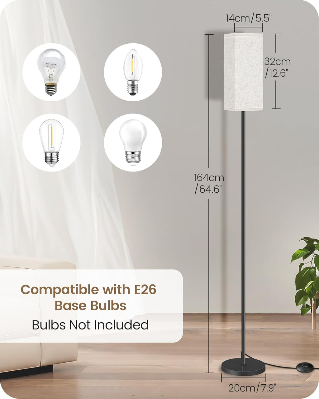 64.6" Floor Lamp, Pole with Foot Switch, Modern Standing Lamp Lampshade, Minimalist Freestanding Lamp (Bulb Not Included), for Living Room, Bedroom Office ETL Listed, Black and Beige E07LD05