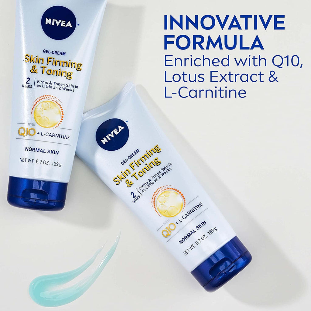 NIVEA Skin Firming & Toning Body Gel Cream with Q10, Hyaluronic Acid and Vitamin C, Clinically Tested Skin Firming & Toning Cream, 72-Hour Moisture, 6.7 Oz Tube