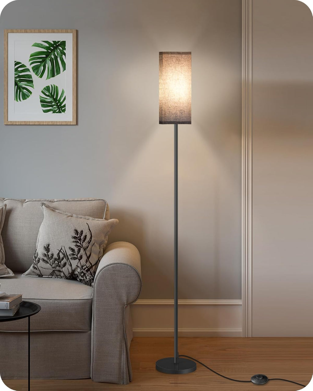 64.6" Floor Lamp, Pole with Foot Switch, Modern Standing Lamp Lampshade, Minimalist Freestanding Lamp (Bulb Not Included), for Living Room, Bedroom Office ETL Listed, Black and Beige E07LD05