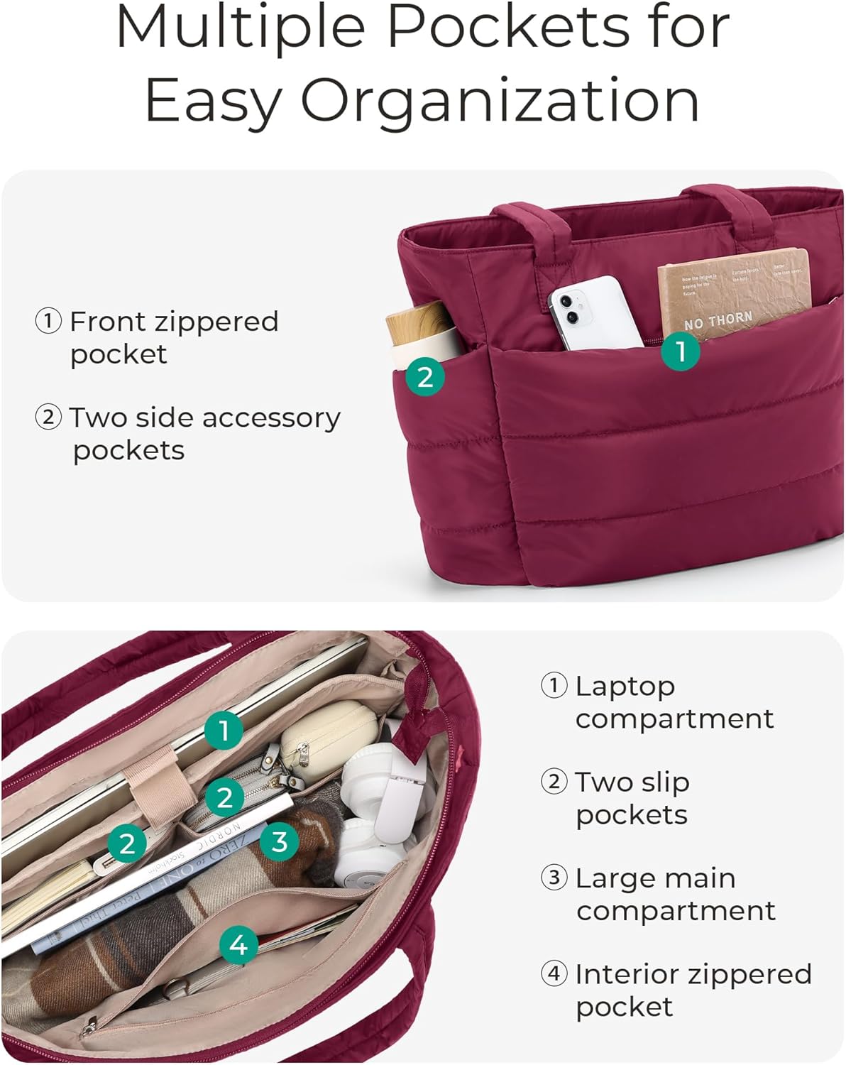 BAGSMART Tote Bag for Women, Lightweight Puffy Tote Bag with Compartments Shoulder Bag Handbag for Travel, Work, Gym