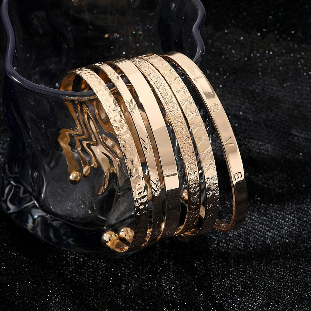 IFKM Gold Bangle Bracelets For Women, 14k Gold Plated Multi Layer Stackable Cuff Bracelet Set, Trendy Elegance Charms Non Tarnish Minimalist Textured Boho Jewelry Gift for Women