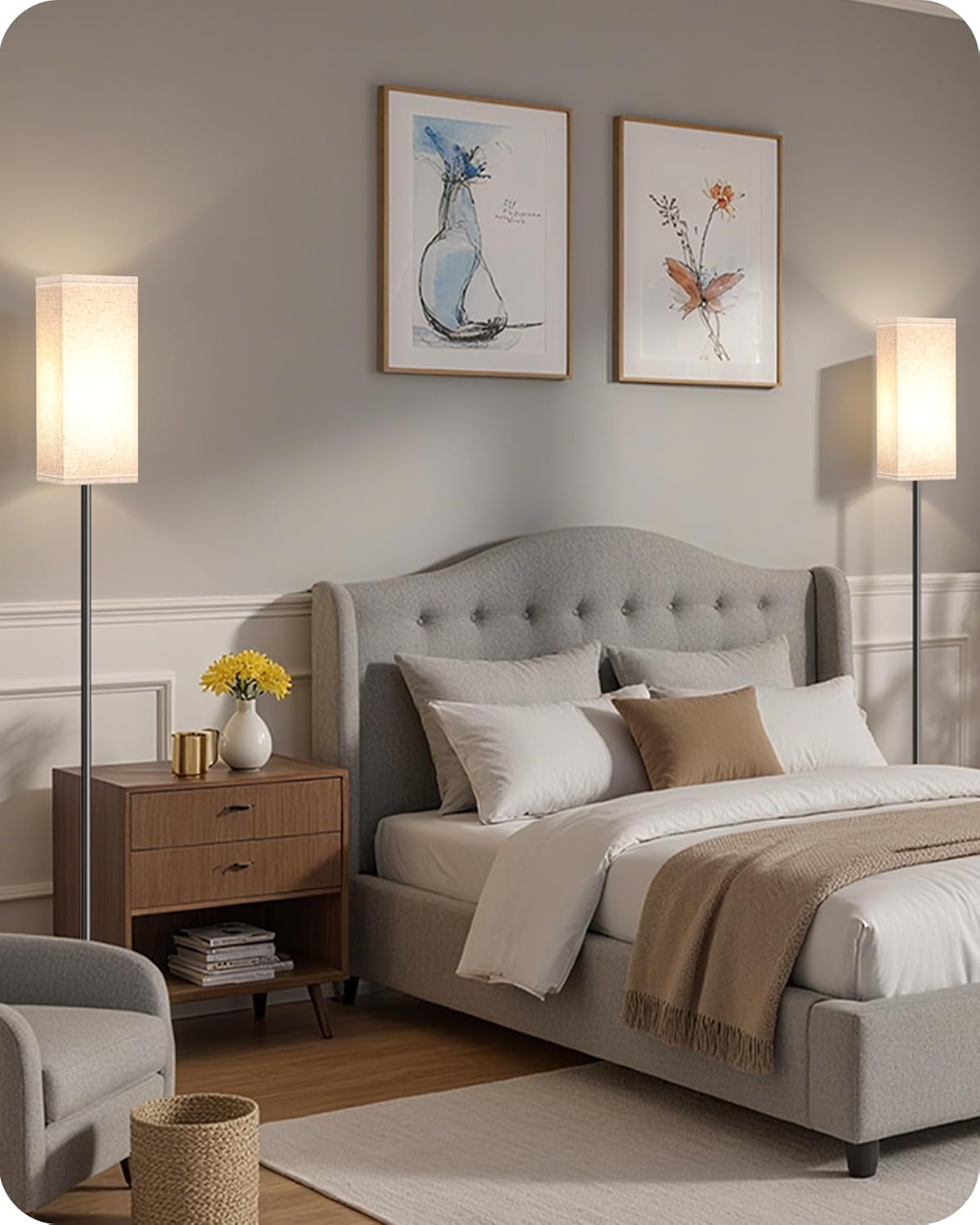 64.6" Floor Lamp, Pole with Foot Switch, Modern Standing Lamp Lampshade, Minimalist Freestanding Lamp (Bulb Not Included), for Living Room, Bedroom Office ETL Listed, Black and Beige E07LD05