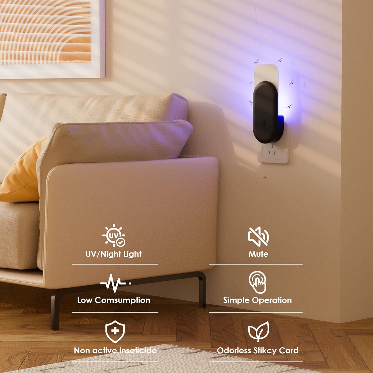 Flying Insect Trap, 2 in 1 Indoor Plug-in Fruit Fly Trap, 1 Trap White and 6 Glue Cards, Fruit Fly Traps for Gnat, Moth, Mosquito, Suitable for Every Part of The Home