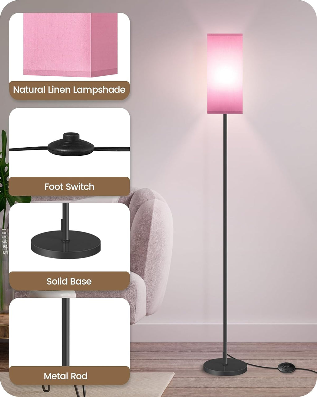 64.6" Floor Lamp, Pole with Foot Switch, Modern Standing Lamp Lampshade, Minimalist Freestanding Lamp (Bulb Not Included), for Living Room, Bedroom Office ETL Listed, Black and Beige E07LD05