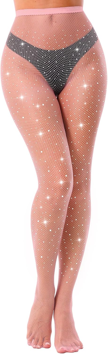 VEBZIN Sexy Sparkly Fishnets Stockings Jeweled High Waist Fishnet Tights for Women Rhinestone Party Pantyhose