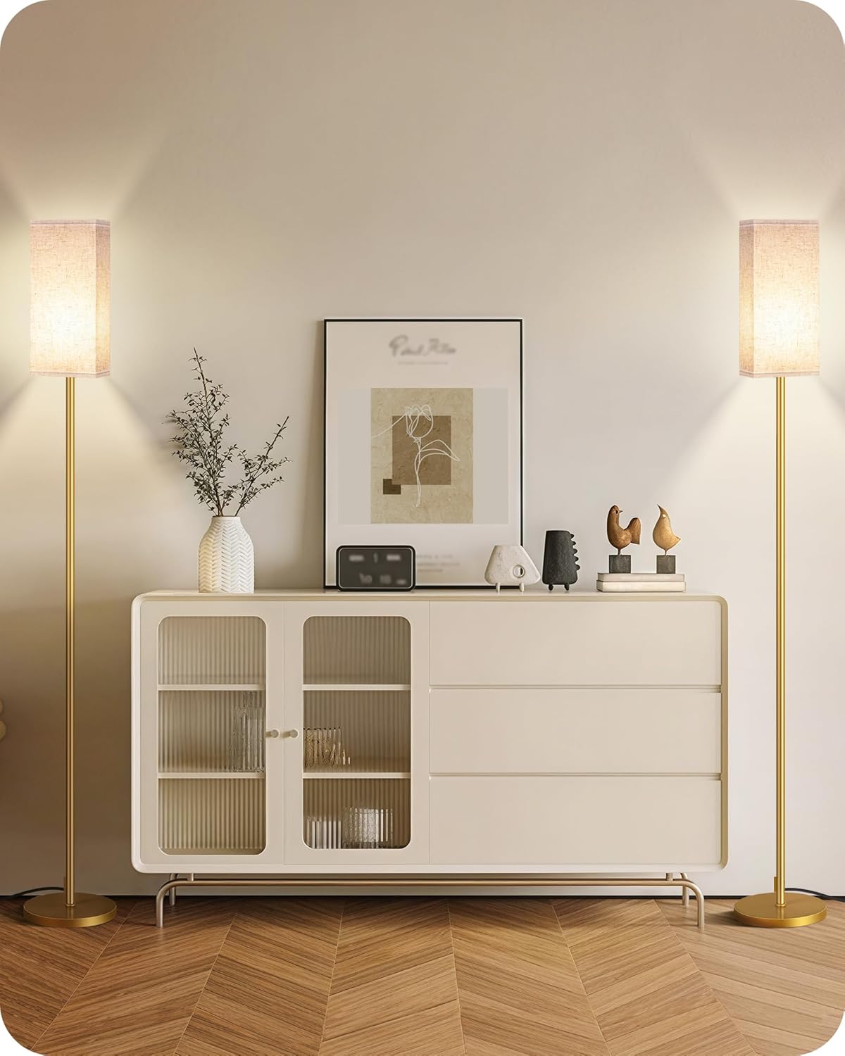 64.6" Floor Lamp, Pole with Foot Switch, Modern Standing Lamp Lampshade, Minimalist Freestanding Lamp (Bulb Not Included), for Living Room, Bedroom Office ETL Listed, Black and Beige E07LD05