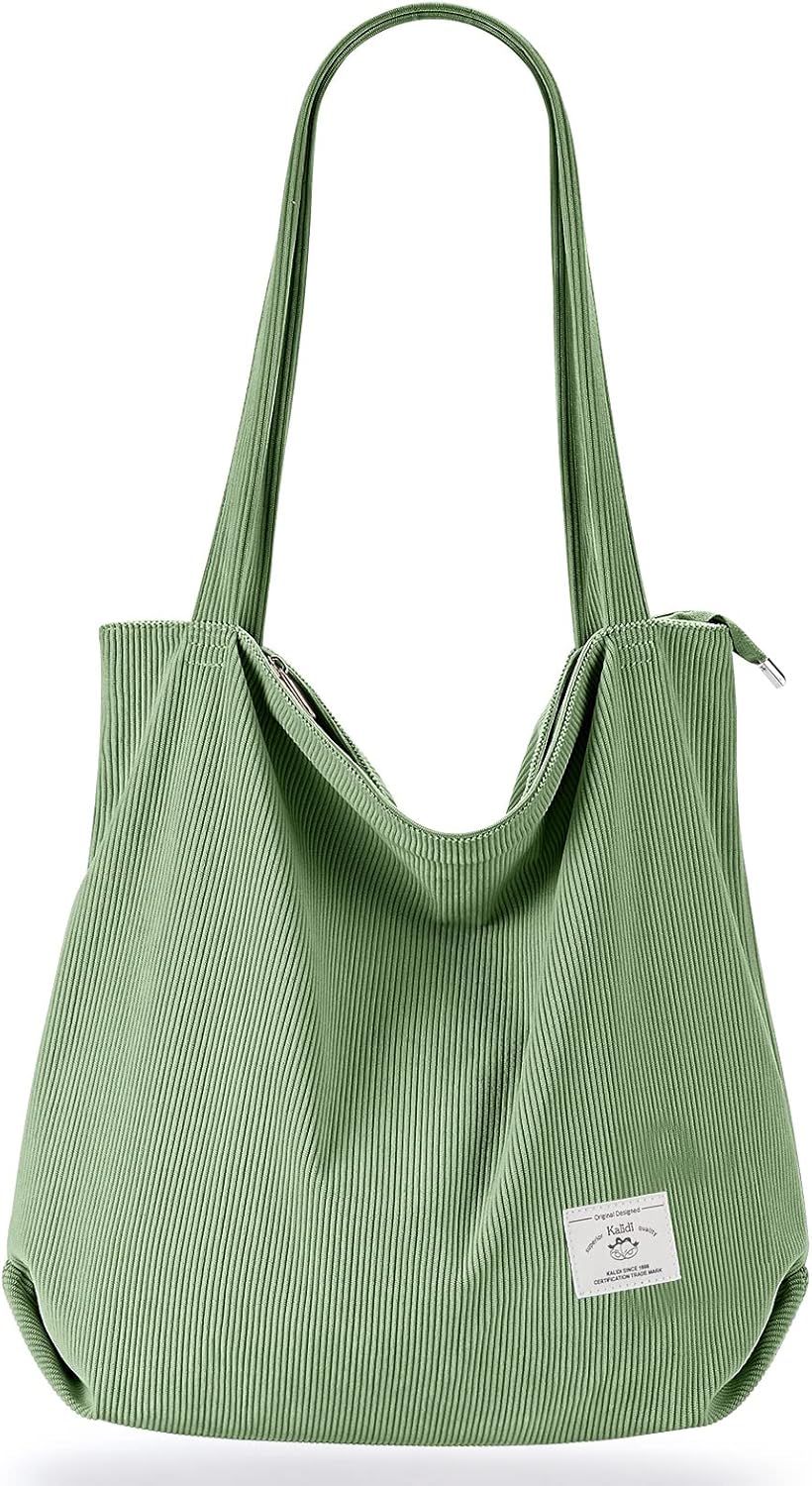 KALIDI Women Corduroy Tote Bag Zipper Casual Tote's Handbag Big Capacity Shoulder Bag with Pockets