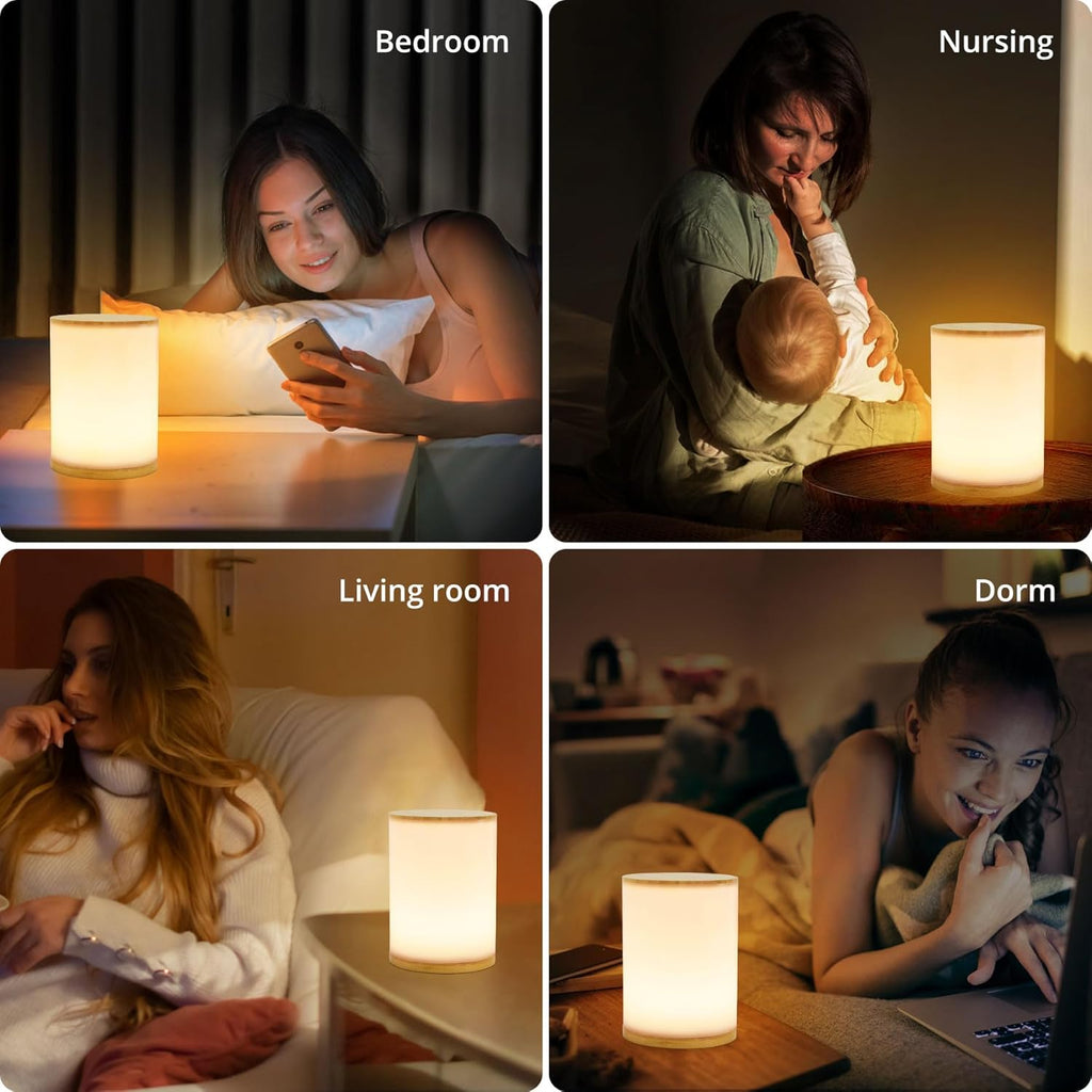 Small Bedside Table Lamp for Bedroom, Minimalist Wood Base & Round Fabric Shade, Mini Cute Cozy Warm White Nightstand Boho Lamp, Study Desk Night Stand Light for Room, Dorm, Nursery, Living Room